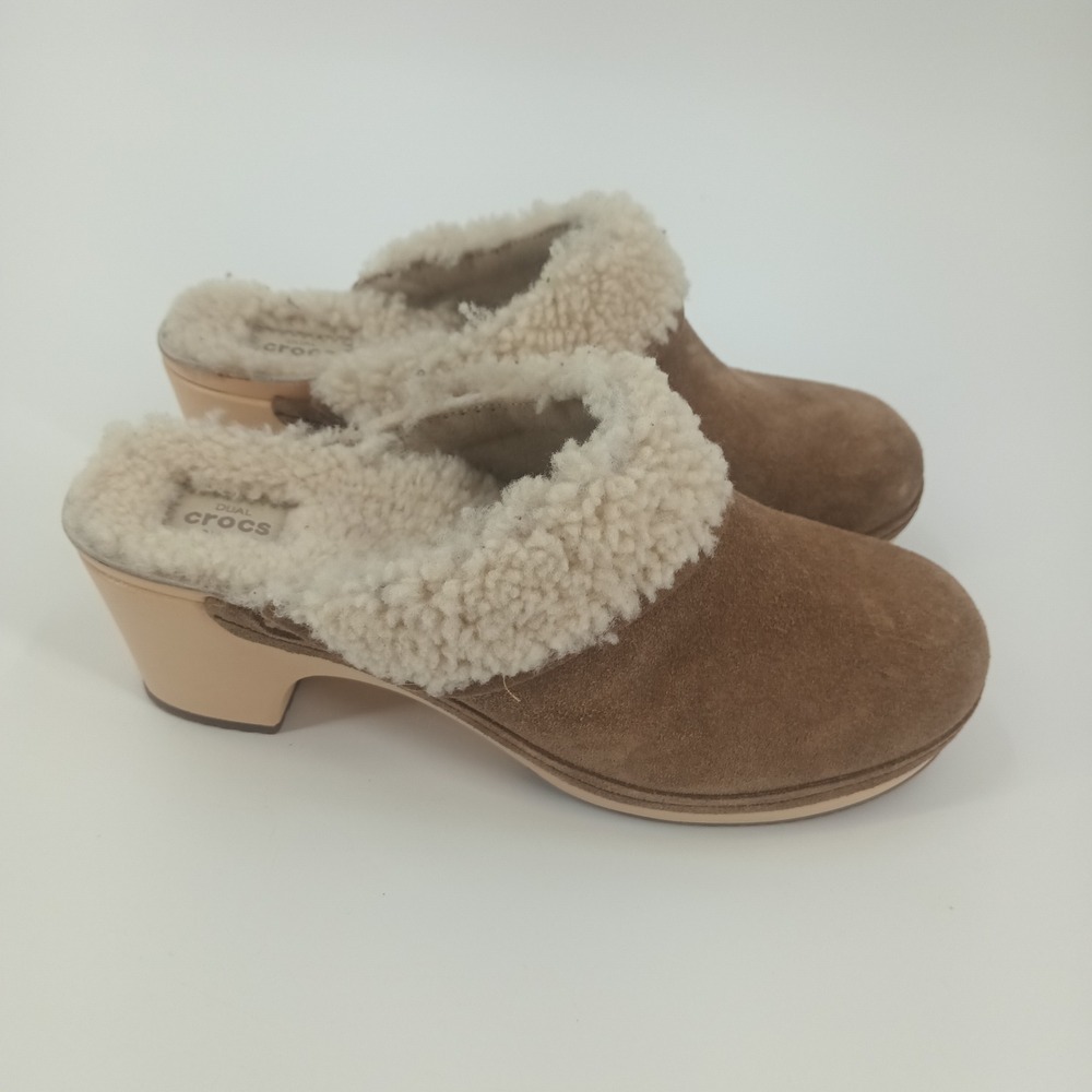 Crocs Sarah Luxe Lined Suede Clogs W9 Brown Faux Fur Mules 203413 Womens Size 9